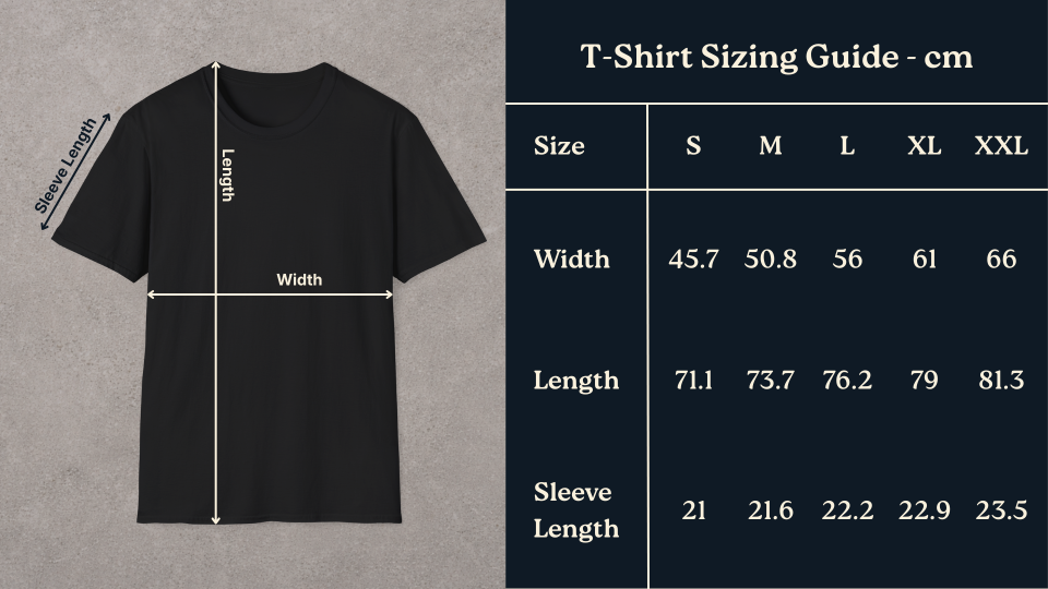Black t-shirt with measurement chart on a gray background